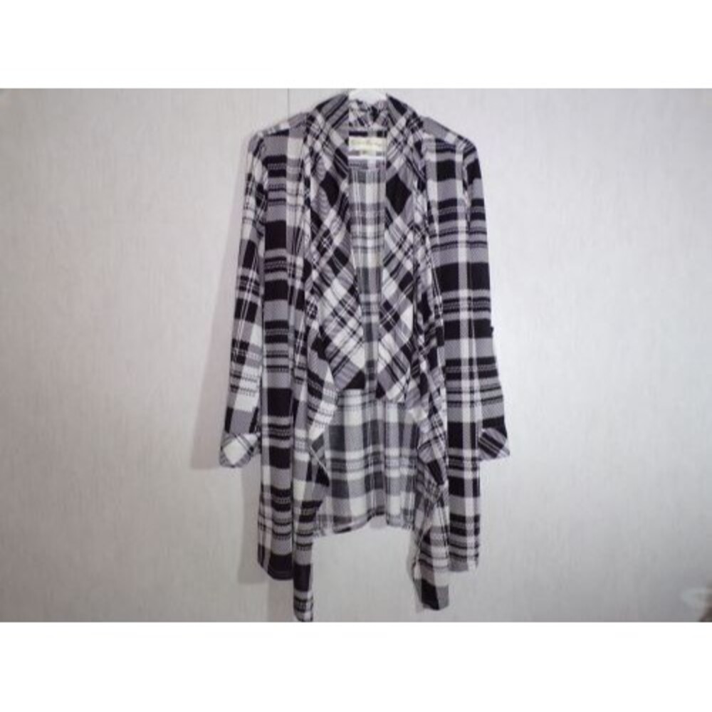 French Laundry Womens Open Front Cardigan Size M Black White Plaid Flowy Long